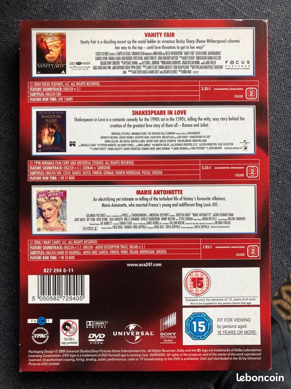 DVD coffret Shakespeare on love, Marie-Antoinette, Vanity fair (image 2)