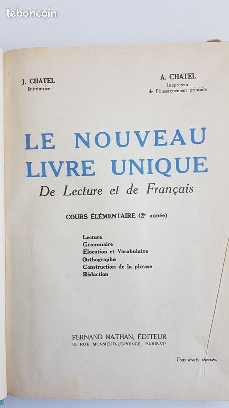 "Livre unique de lecture et de français" CE2 Chatel 1956 Neuf (image 6)