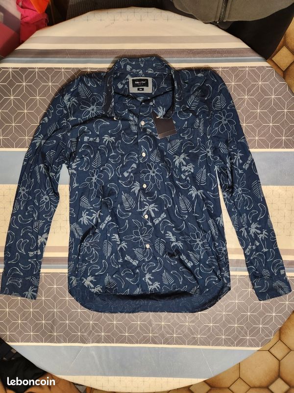 Chemise homme eden park bleu indigo motifs floral et fruits coupe