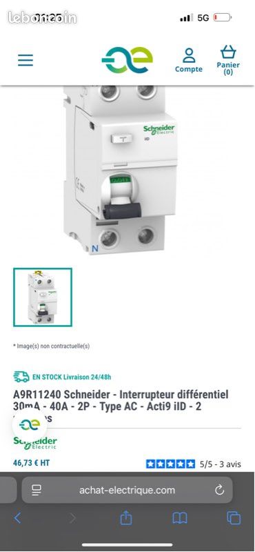 Interrupteur Différentiel Schneider Acti9 - 2P 40A 30mA Type AC