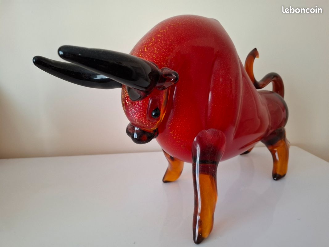 Grande Statue Taureau En Verre Rouge - Aubaho - 50 Cm - Art Moderne