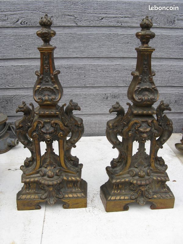 Bronze XIXème chenets avec sa barre de cheminée (image 2)