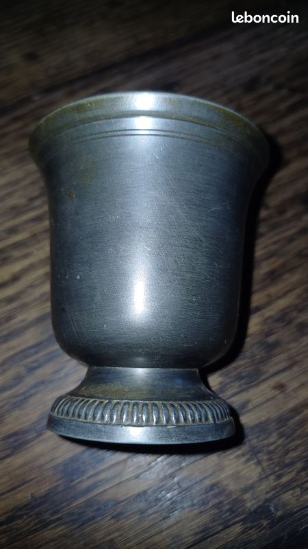 Tasse Ancienne En Étain - Timbale Piédouche Avec Anse - Vintage - Gris