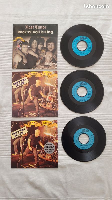 Vinyles 45t- Rose Tattoo + Black sabbath, Nombre : 5 ( 2×45T- Rock'n'roll Outlaw et une version Juke Box année : 1978 + 1×45T- Rock'n'roll is King ( 1981) + 2×45T Black Sabbath : Paranoid ) (image 3)