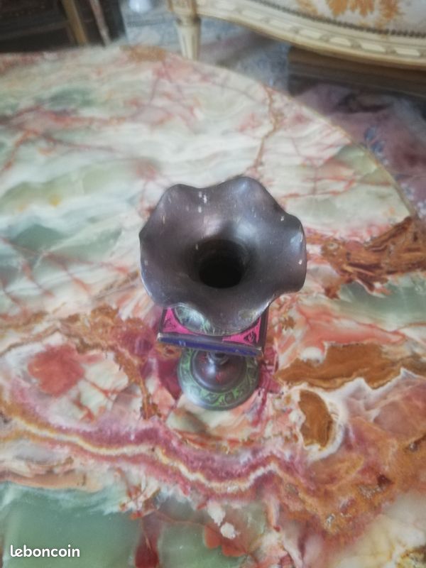 Petit vase soliflore en bronze/laiton gravé et émaillé polychrome – Artisanat oriental / Inde (image 6)