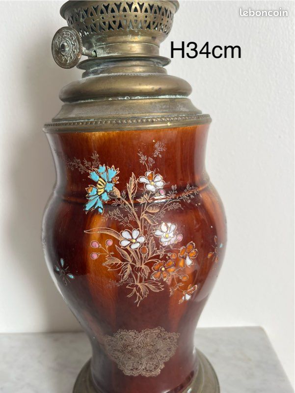 Lampe à Pétrole Vintage En Céramique – Motif Fleur – Beige écru