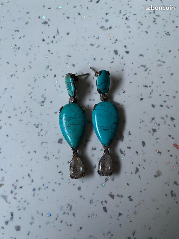 Boucles D'oreilles Pendantes Bohème - Argent 925 Et Turquoise - Occasion Porté