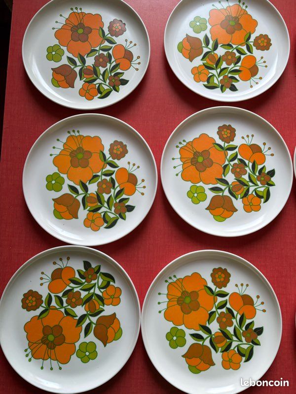 TEFAL MELAMINE LOT 4 Assiettes Plates Vintage Fleurs Orange Pique Nique