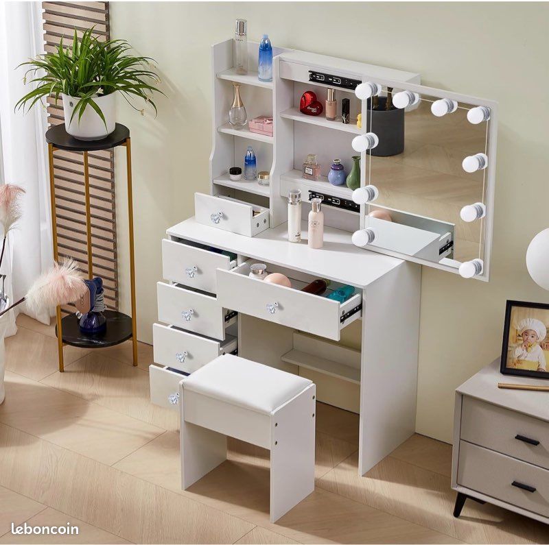 Coiffeuse avec Miroir Coulissant et Tabouret, Table de Maquillage Spacieuse (image 1)