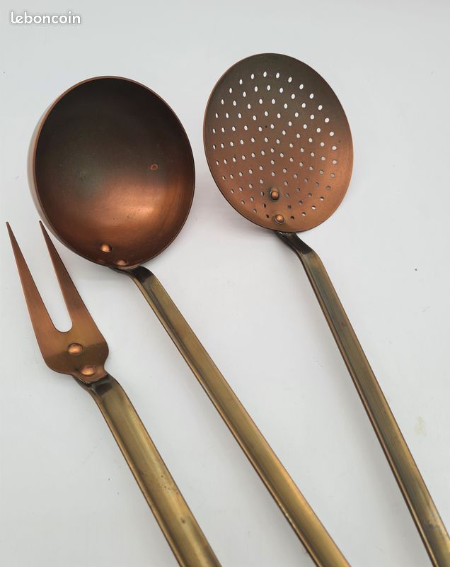 Ustensiles en cuivre et laiton, avec barre support, Déco cuisine Vintage - J38 (image 2)