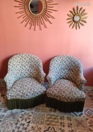 Fauteuil Crapaud Français 1 Place, Tissu Coton Bleu Brodé - Occasion