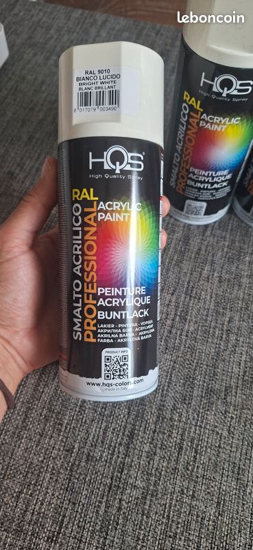 Lot de 5 bombes de peinture acrylique HQS – RAL 9010 Blanc Brillant (Neuves) (image 2)