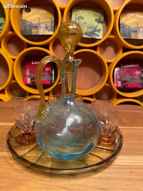 Cabaret cave à liqueur George Sand 2 carafes avec 10 verres Legras + panier laiton