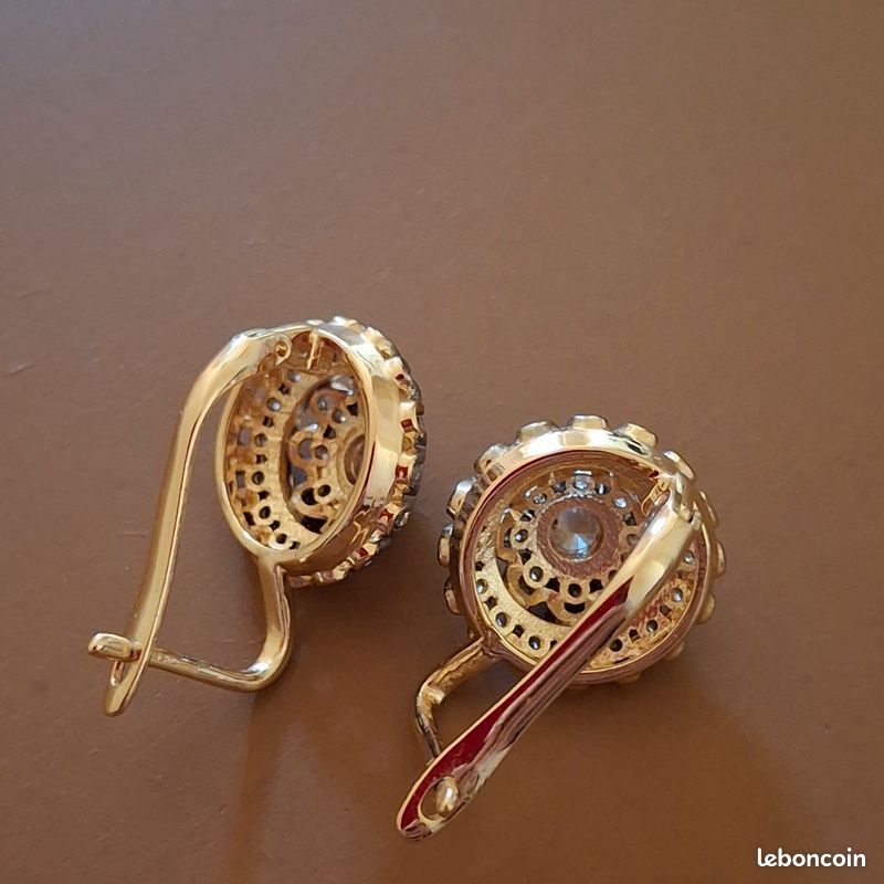 Boucles D'oreilles Anciennes En Argent Massif Avec Strass Et Vermeil - Fermoir Clip - Occasion
