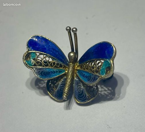 Broche Papillon En Argent 800 Filigrane émaillée - Vintage, Bon état