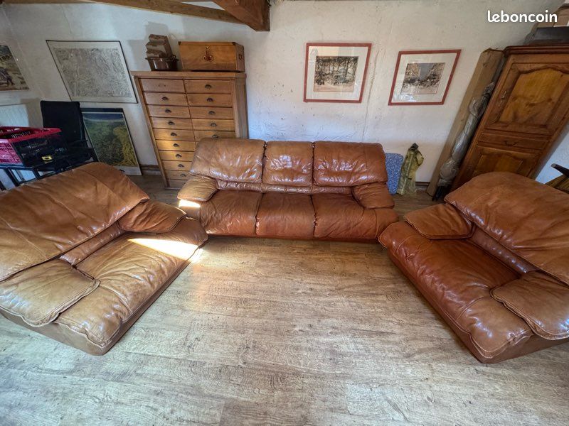 Lot De 2 Fauteuils Roche Bobois – Beige – Bois Massif & Cuir – Modèle Fleuri