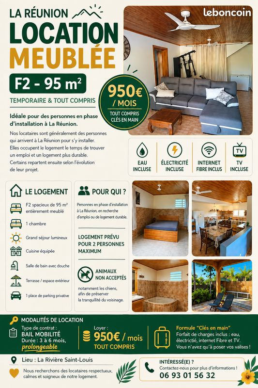 Appartement 2 pièces 95 m² · à Saint-Louis · 95 m² · 950 €/mois
