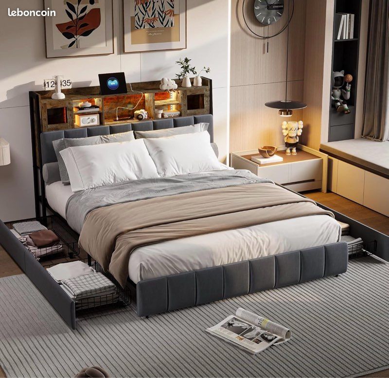 Lit Double 140x200cm, Avec LED Et Port De Charge USB, Lit Coffre Disposant De 4 Tiroirs Lin Gris