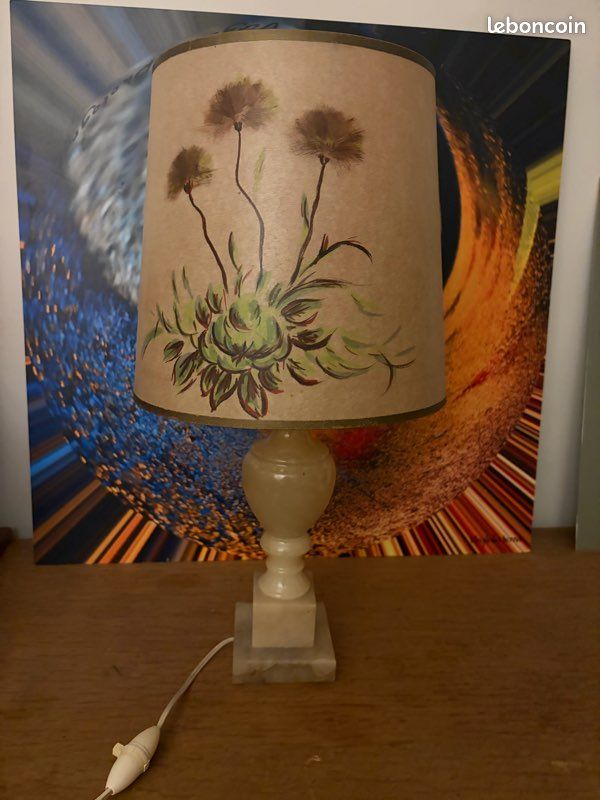 Lampe vintage en albâtre véritable – abat-jour floral peint (image 1)