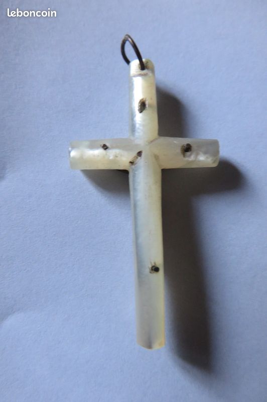 Pendentif Croix Ancien En Nacre Et Argent Massif - Occasion Bon état, Dimensions 2.5x4.2 Cm