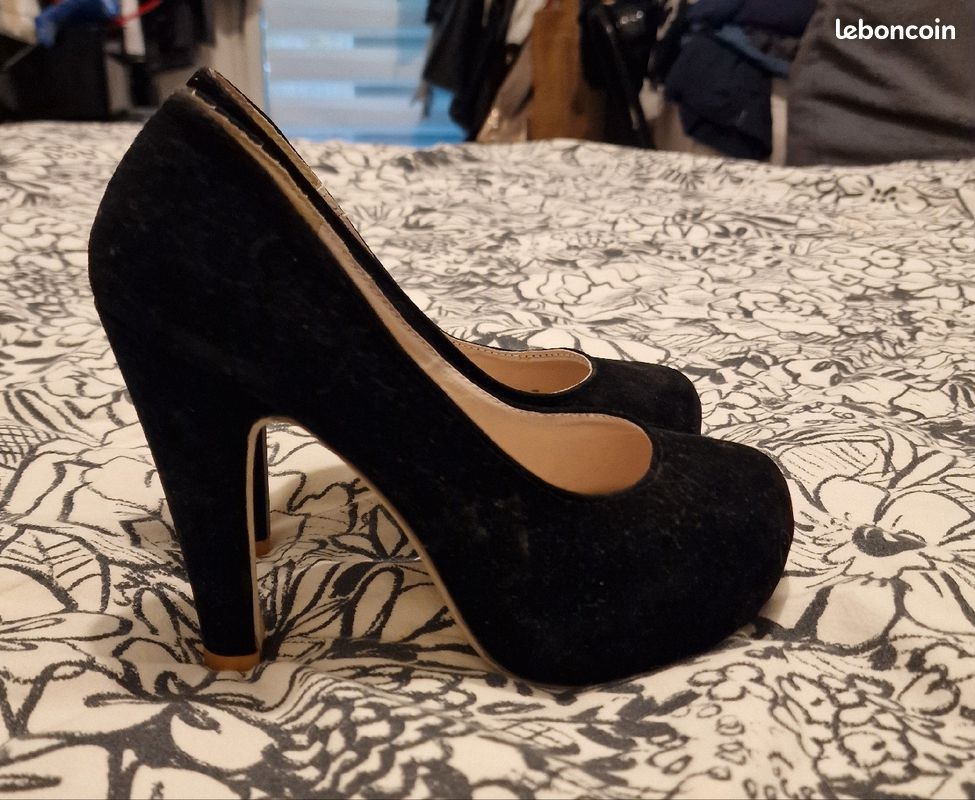Suede Pumps Escarpin Suedine Talon Carre Escarpins Daim Noir