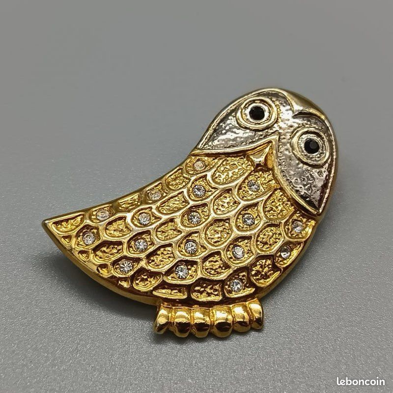 Broche chouette/hiboux & ses 2 petit métal doré pierre & strass multicolore - Montres & Bijoux
