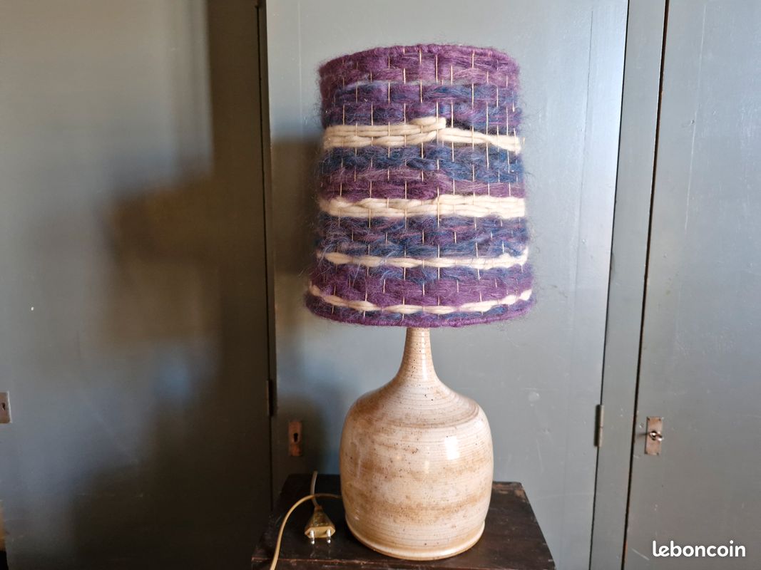 Lampe vintage 70's Pied en grés - Abat-jour en laine tissée (image 6)