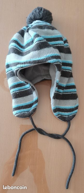 Bonnet bébé en laine gris et bleu (image 1)