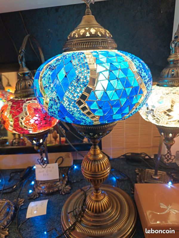 Lampe Mosaïque En Verre Bleu/vert - Très Bon état - Avec Câble Et Douille Neufs
