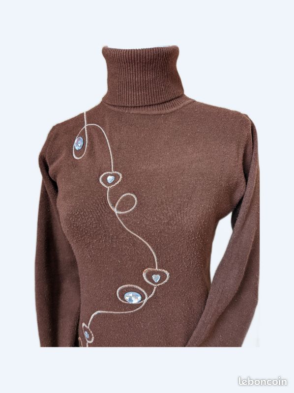 Pull laine marron col roulé fantaisie T : 38 TBE (image 1)