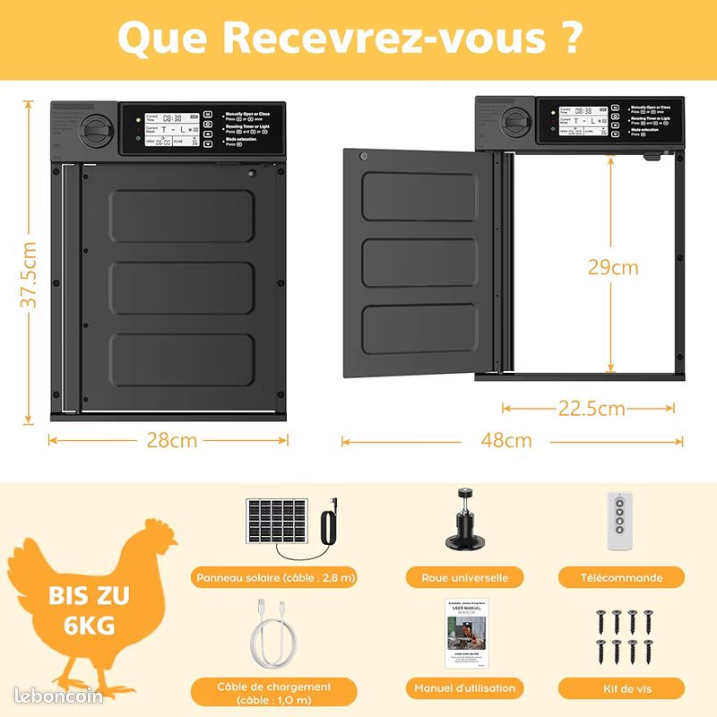 Porte De Poulailler Automatique Avec Caméra WiFi - Solaire - Minuterie - Anti-Pincement - Aluminium Étanche