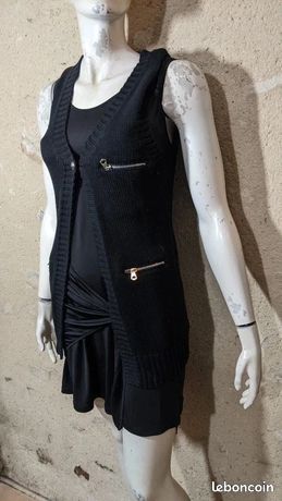 Gilet sans manches Chanel en coton et tweed de soie noir / blanc Gilet sans manches Chanel en coton et tweed de soie noir / blanc