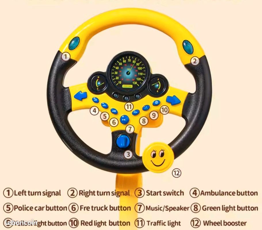 Volant Jouet 360° – Avec Sons Et Lumières, Ventouse, Plastique ABS, 20x19,5x6 Cm, Pour Enfants Dès 3 Ans, Jaune
