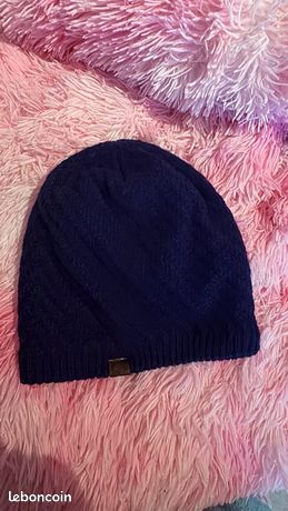 Bonnet tricot torsadé uni marine doublé avec pompon