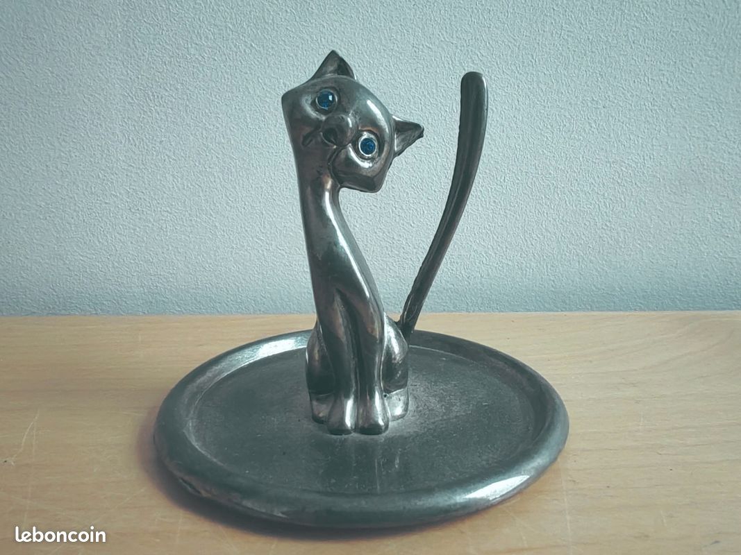Ancien Porte-Bagues CHAT Stylisé Métal Argenté Yeux Bleus Strass Vintage 7,5cm (image 2)