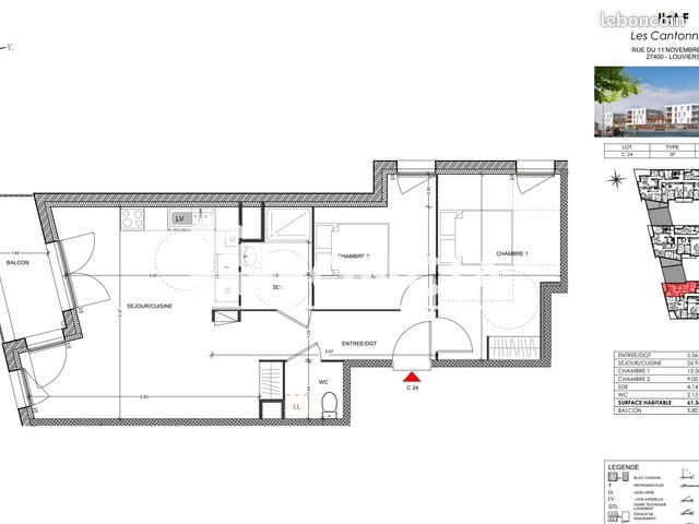 Appartement 3 pièces 61 m² · à Louviers · 61 m² · 711 €/mois