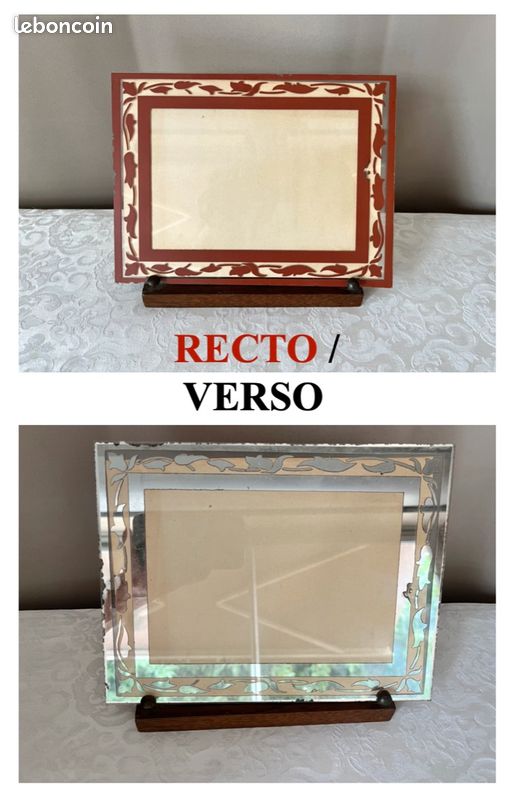 Cadre photo ancien réversible, en verre miroir et bordeaux, porte photo à poser Art Déco (image 1)