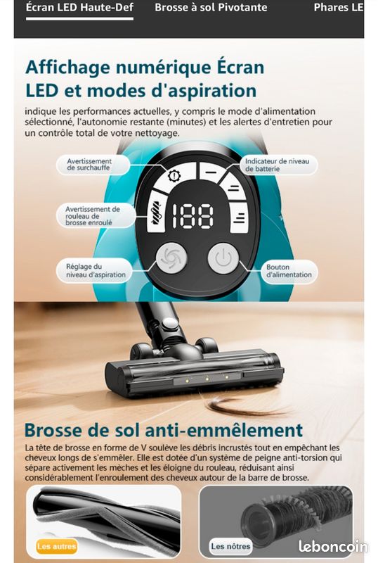 Aspirateur Balai Sans Fil 700W – Puissance 60kPa, Autonomie 70 Min, écran Tactile