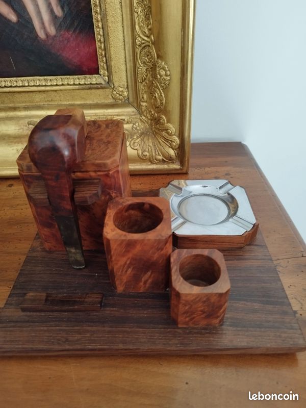 Service accessoire à Bureau -tabac-art Déco- Boite Pipe+Pot Bois Loupe d'Orme (image 1)