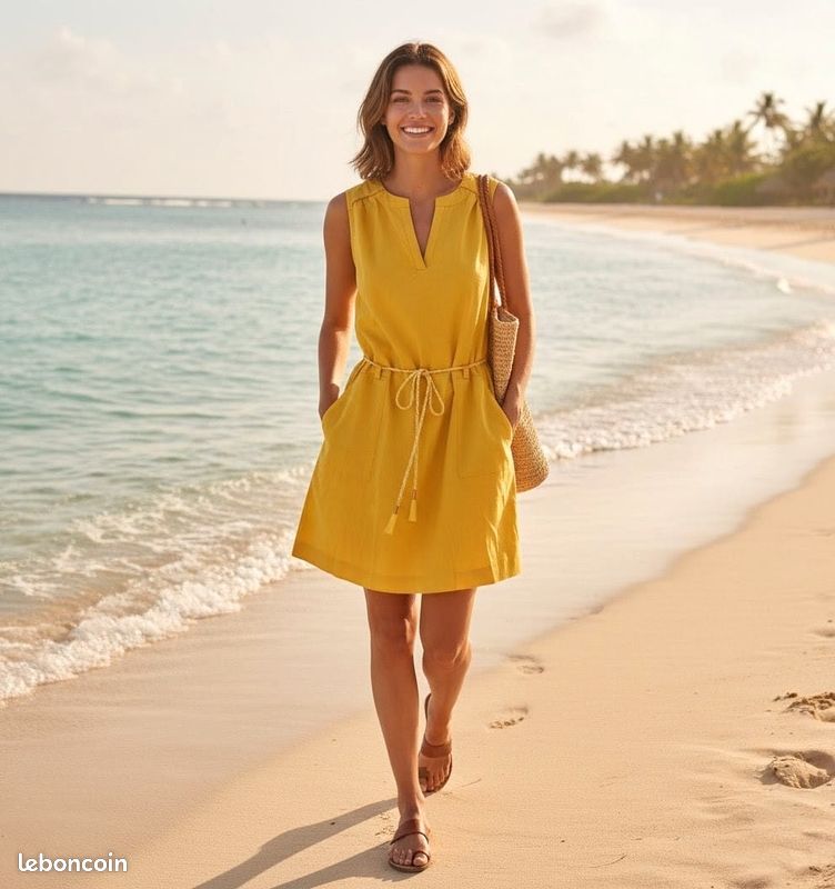 Robe Pull été Jaune Femme Avec Bretelles Et Poches - Taille M Peut-être - Occasion Très Bon état
