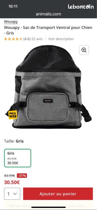 Wouapy Sac de Transport Ventral pour Chien Gris Accessoires