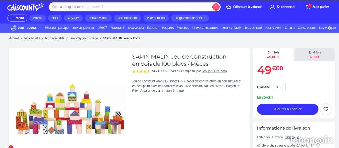 Idéal Cadeau Noël : état NEUF, Jeu de 100 blocs de construction en bois et colorées, dès 2 ans, made in France (image 7)