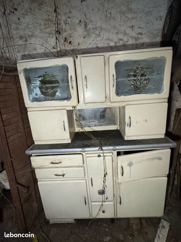 Buffet de cuisine ancien en métal – années 40 – décor marin vintage (image 1)