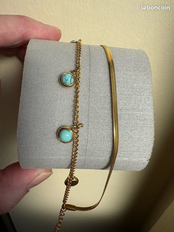 Bracelet Vintage Années 60 En Métal Doré Et Verre Turquoise - Longueur 19-20cm, Occasion