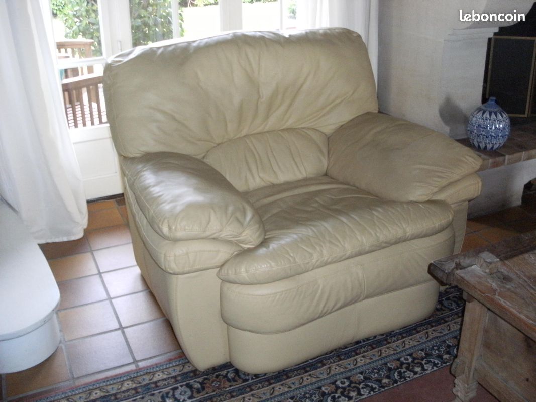 Canapé et fauteuil cuir beige (image 2)
