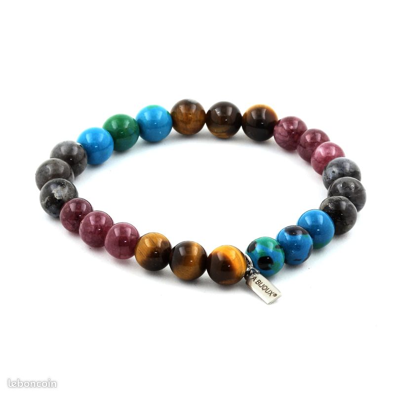 Bracelet Perles Oeil de Tigre + Labradorite + Lépidolite + Chrysocolle 8 mm. Fabriqué en France (image 1)