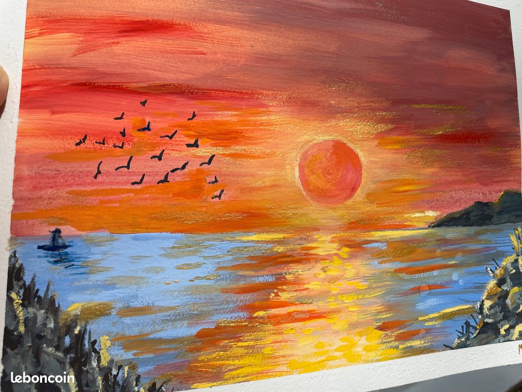 Peinture originale signée , coucher du soleil sur la mer, 24x32 (image 5)