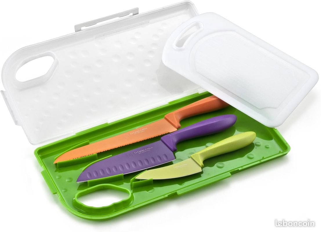 Valisette de 3 Couteaux Colorés + Planche, Lames en Acier Inoxydable (image 1)