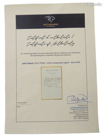 Jules Simon – Lettre Autographe Signée (1885) – Philosophe Et Homme D’État – Manuscrit XIXe
