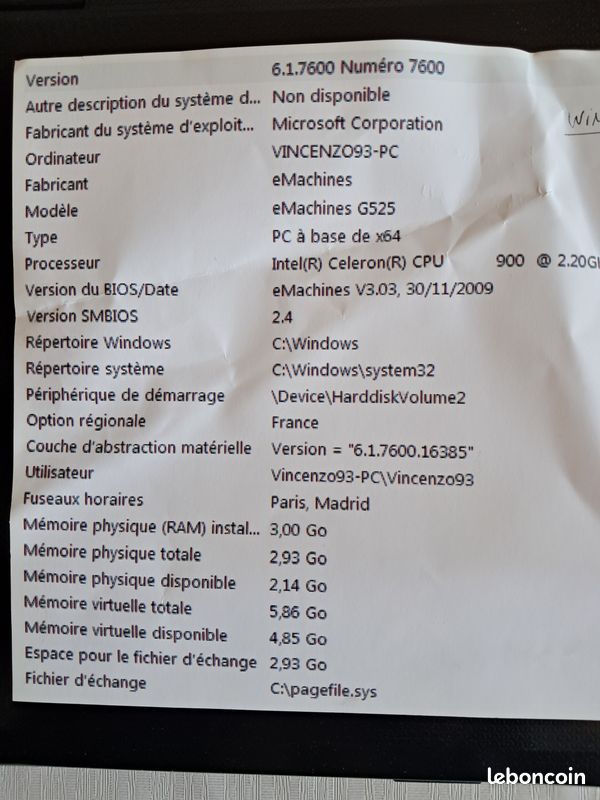 Ordinateur eMachines G525 (image 1)